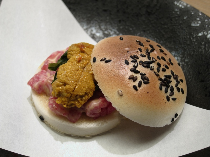 IMG_4159.JPG - Burger - Japanese A5 wagyu tartare, uni, wakame, yeast meringue bun with toasted black sesame