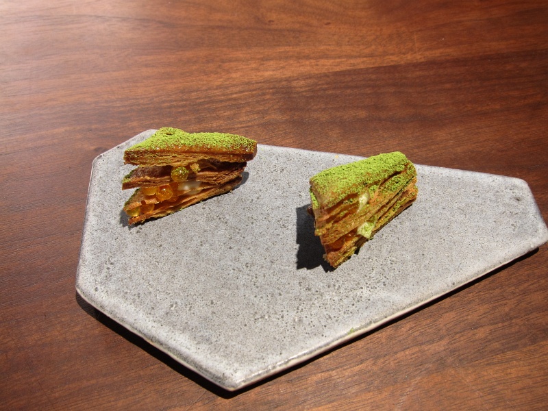 IMG_4265.JPG - Rye millefeuille, trout roe, matcha powder, butter
