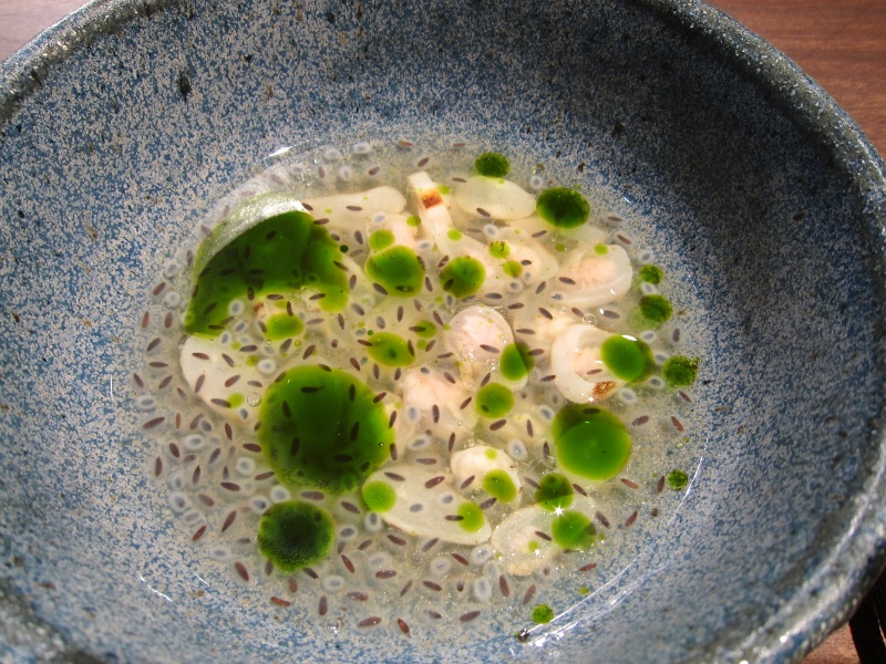IMG_4271.JPG - Razor clam lightly charred, in pineapple dashi with basil seed and oil