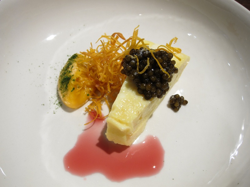IMG_4280.JPG - Tamagoyaki - steamed egg with caviar, sweet potato fries and pure, purple tomato vinegar