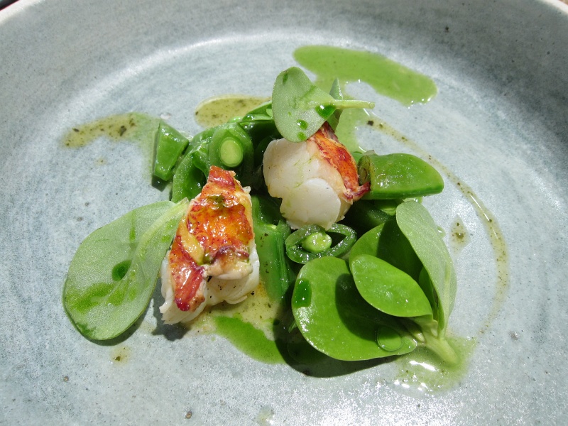 IMG_4285.JPG - Lobster cooked in beurre blanc and nori, then grilled, snap pea, purslane, citronette