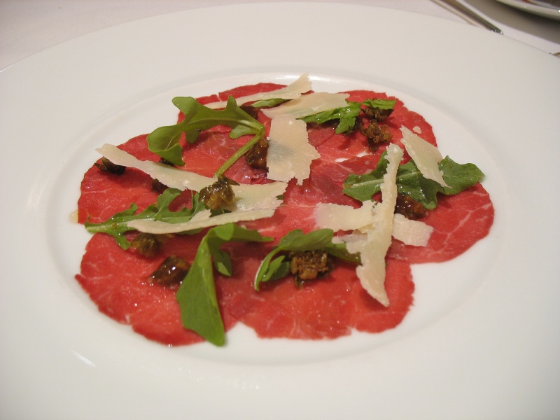 IMG_4957.JPG - First course: Beef carpaccio, wild arugula, fried capers, Parmesan cheese