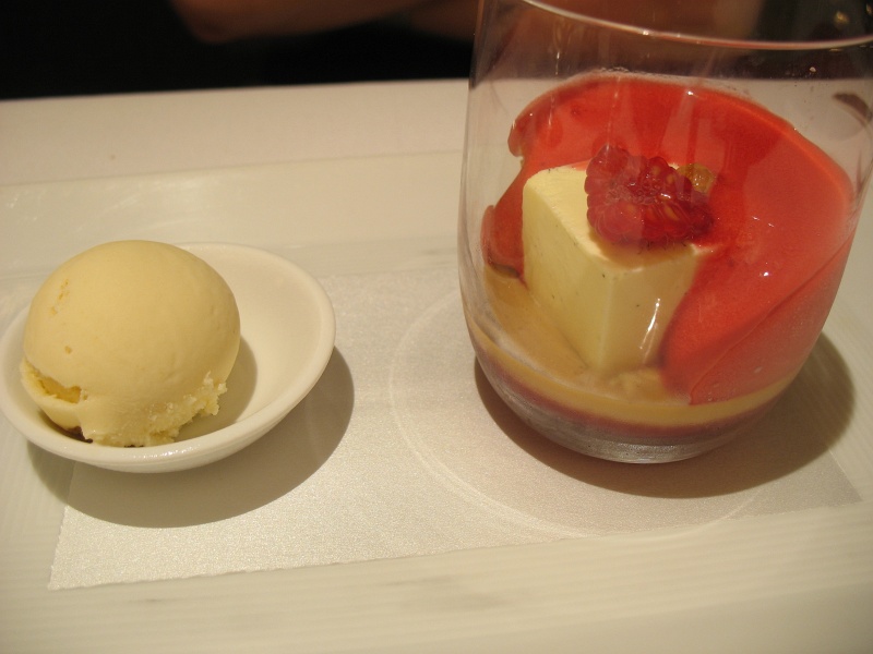 IMG_4962.JPG - Dessert: Peanut and raspberry sundae, vanilla bavaroise, raspberry seltzer, peanut ice cream