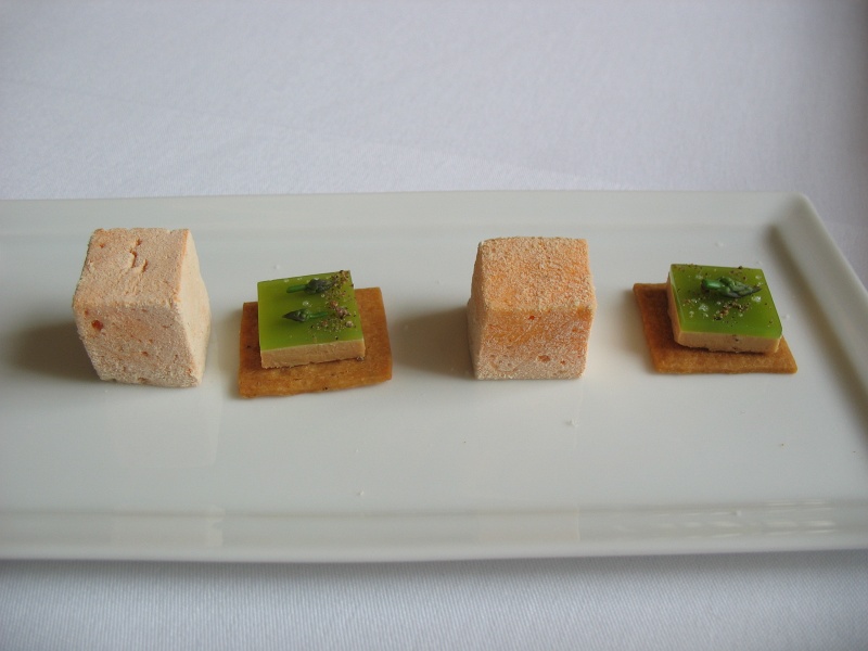 IMG_4921.JPG - Amuse bouche: carrot marshmallow, asparagus gele and foie gras on crispy cracker