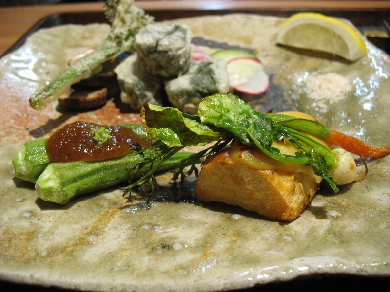 IMG_4941.JPG - Mountain yam grilled with miso and cumin, fried okra with yuzu and horseradish