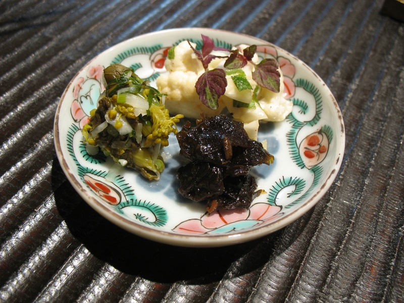 IMG_4944.JPG - House-made pickles: kelp with sunchoke seeds, mixed greens, cauliflower with shiso
