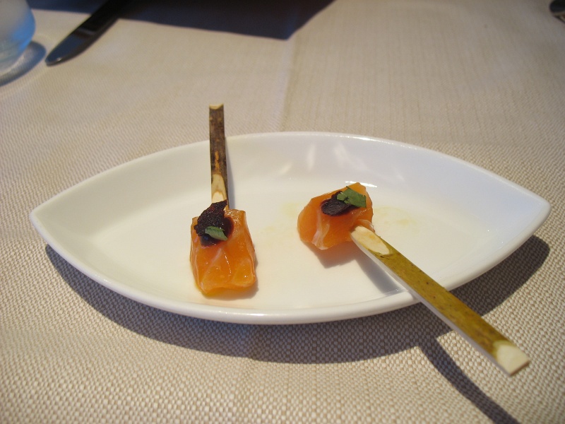 IMG_5020.JPG - Amuse bouche: cured salmon with black currant jam, black currant crisp, basil