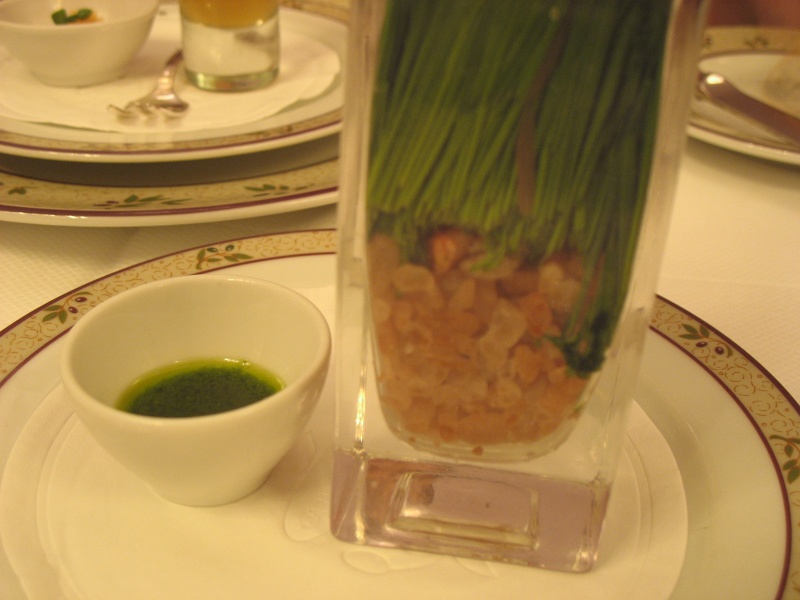 IMG_4966.JPG - Amuse bouche: arugula hazelnut pea soup (dipping sauce for the cheese tempura)