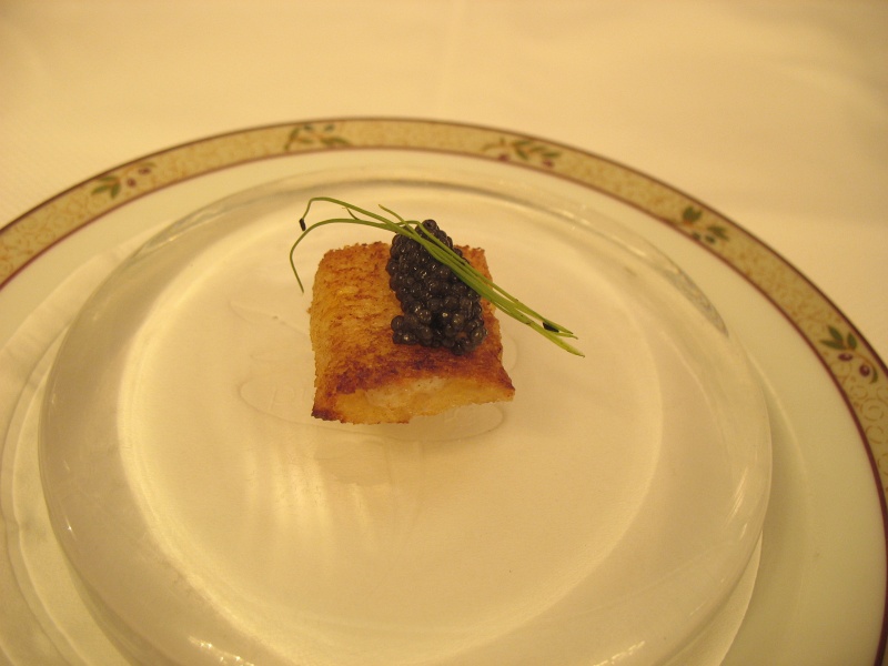 IMG_4967.JPG - Amuse bouche: Brioche-wrapped quail egg on crme frache, with caviar and microchives