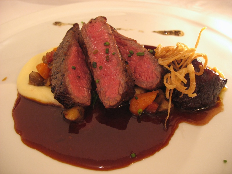 IMG_4747.JPG - Prime new york steak and shortribs, celery root pure, bacon and cipollini onion ragout
