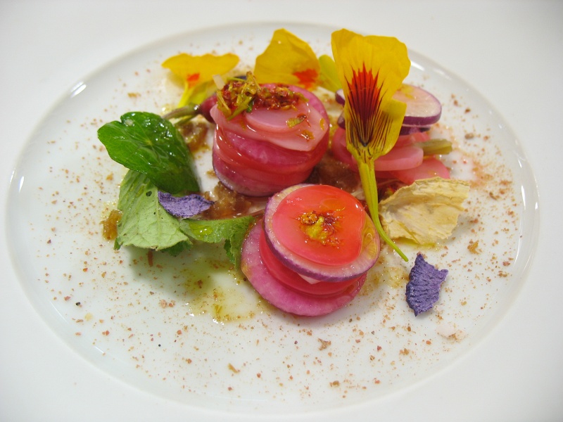 IMG_5236.JPG - Course 5: radishes (raw, boiled, pickled), with nasturtium honey and pork cheeks powder