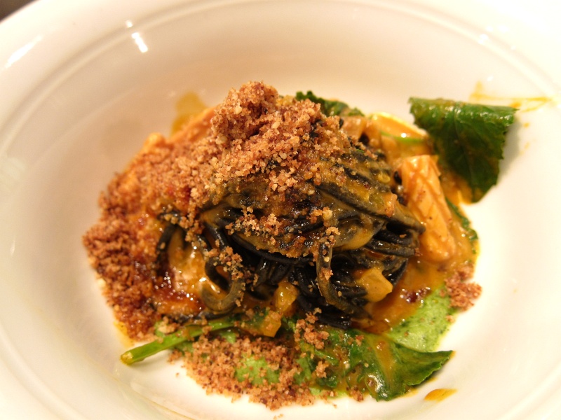 IMG_3468.JPG - Squid ink spaghetti, tomato braised squid, broccoli crema and sea urchin