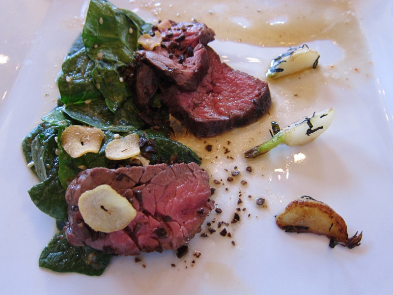IMG_1582.JPG - Grilled bavette of beef, bloomsdale spinach with sesame-miso vinaigrette, baby turnips, garlic chips, truffled ponzu.  Paired with 2010 Merlot, Behler Vineyard, Sonoma Valley.