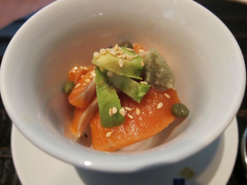 IMG_2184.JPG - Sakizuke (starter): Copper river salmon, avocado and horseradish, mini "chirashi" sushi