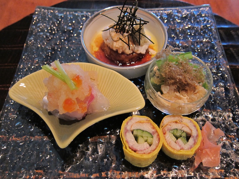 IMG_2187.JPG - Zensai (appetizers, clockwise from top): pan sauted duck foie gras "yama-kake" (mountain potato sauce), komatsu-na (mustard spinach) and abura-age (bean curd) oshitashi, unagi and cucumber rolled with "kinshi-tamago" (paper-thin egg omelette), "madai" snapper and "ikura" (salmon roe) "oroshi-ae" (mixed with grated daikon)