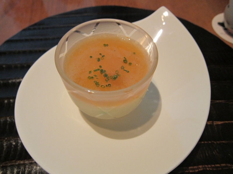 IMG_2194.JPG - Mushi mono (steamed dish): Petaluma organic Rosie chicken, steamed egg custard, fava beans, tomato dashi sauce