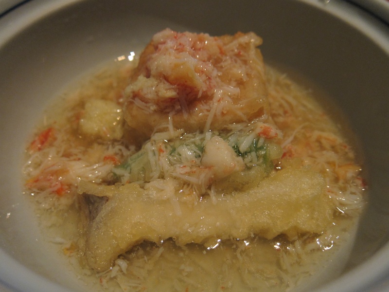 IMG_2200.JPG - Age mono (deep fried dish): age goma-dofu, deep fried homemade sesame-yam tofu, mushroom tempura, Alaskan snow crab in thickened clear broth