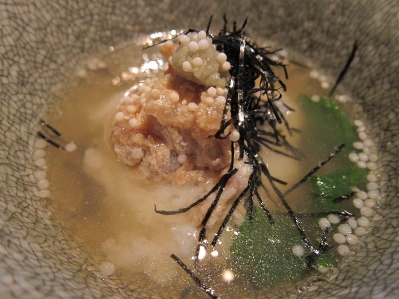 IMG_2213.JPG - Gohan mono (rice dish 2): tai chazuke (tai snapper sashimi mixed with seasame sauce over rice in hot dashi broth)