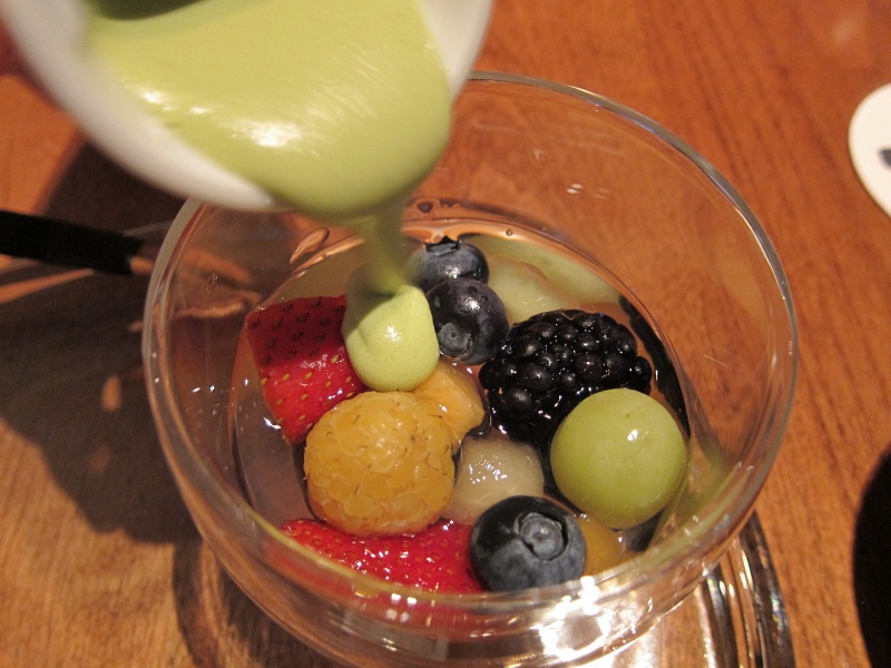IMG_2216.JPG - Homemade dessert: fresh fruit and homemade azuki-an (sweet red bean) in crystal jelly, served with "matcha" (green tea) crme anglaise