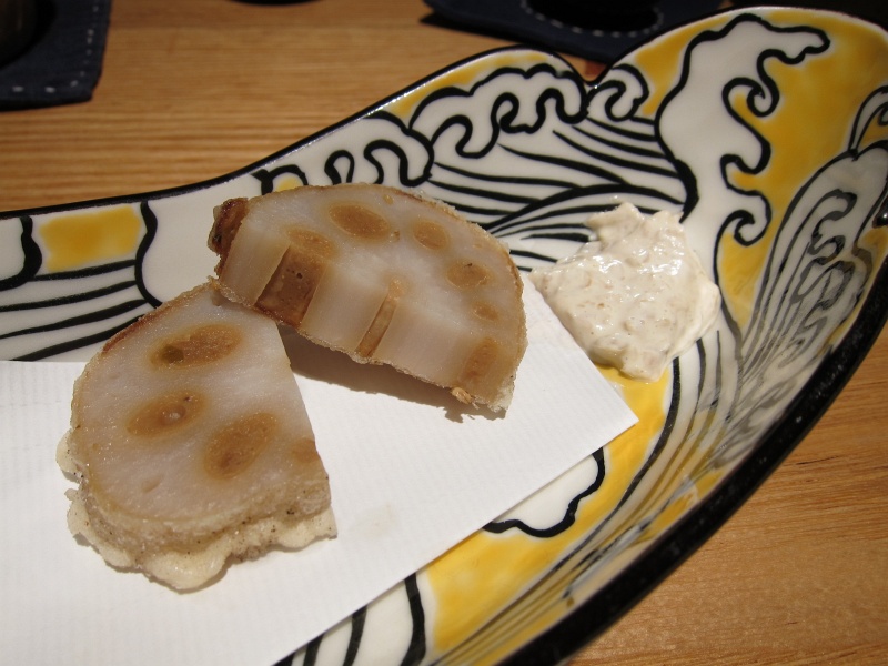 IMG_0203.JPG - Tempura course: fried lotus root stuffed with Japanese fish and miso, miyago (ginger) sauce