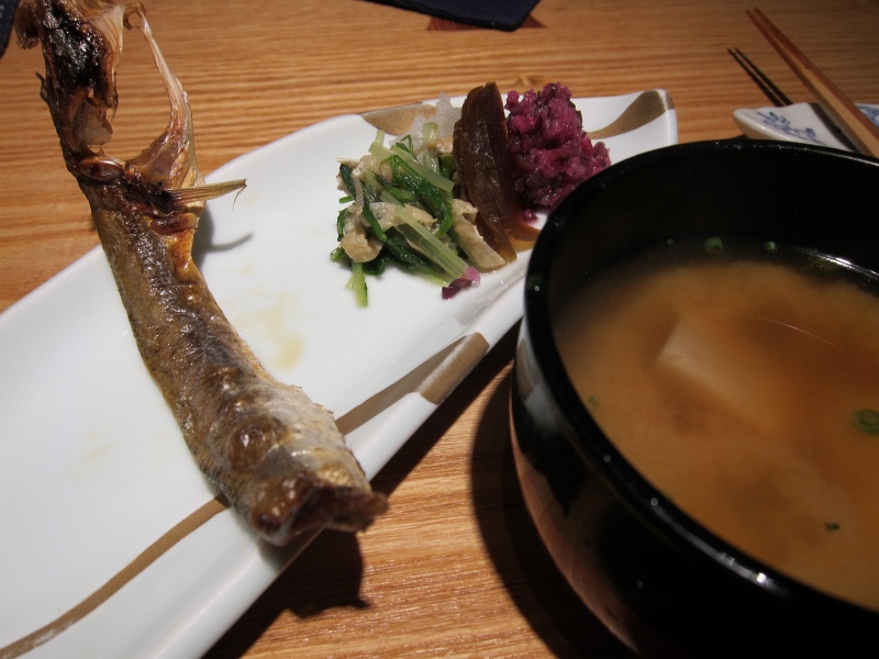 IMG_0204.JPG - Grilled course: baby pike mackerel, with assorted pickles and miso soup