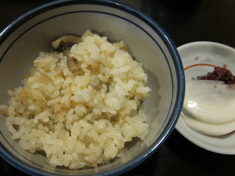 IMG_0234.JPG - Rrice flavored with shimeji mushrooms, pickles (pickles are a specialty in Kyoto)