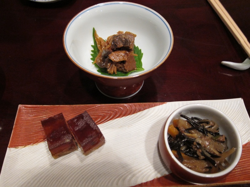 IMG_0054.JPG - Amuse bouche - unagi gelatin, some kind of cooked fish, and vegetables
