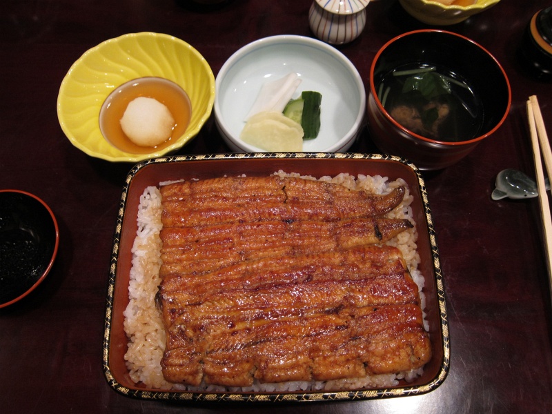 IMG_0059.JPG - Classic unaju, grilled unagi in sauce over rice, pickles, daikon radish, dashi