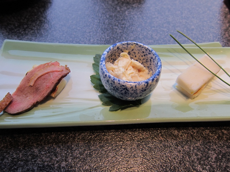 IMG_0350.JPG - Some appetizers (smoked duck, yuba or tofu skin, and some white thing)