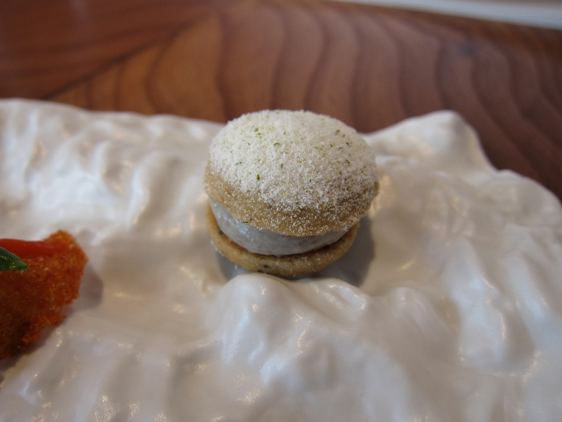 IMG_2253.JPG - First theme - Pacific Ocean, brittleness.  Anchovy alfajor (similar to macaron).