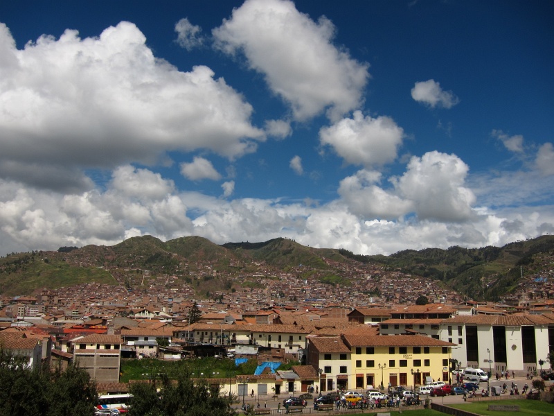 IMG_1867.JPG - View of Cusco city and surrounding hills from the ramparts of Qoricancha.  At 11,000 feet above sea level, Cusco is one of the highest large cities in the world.