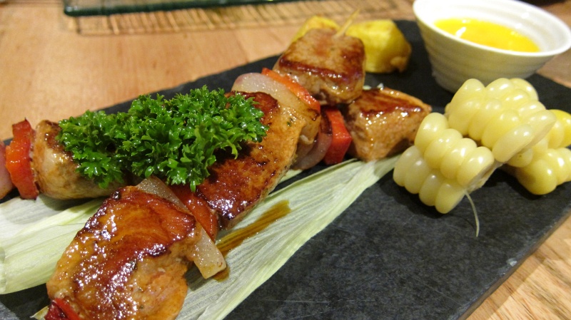 IMG_1780.JPG - Alpaca skewers, with potato, corn, and mild chili sauce, at Inka Grill