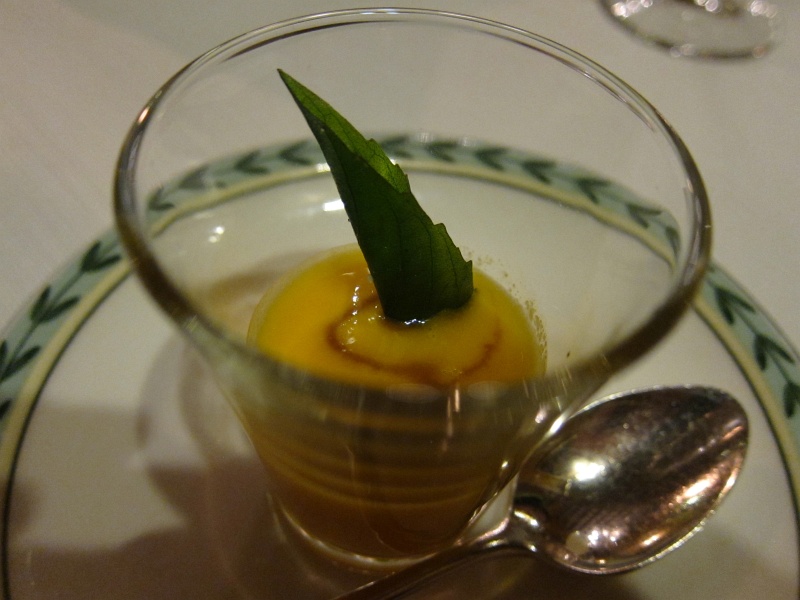 IMG_1907.JPG - Carrot soup with balsamic vinegar and crispy leaf, at El Tupay Restaurant inside Hotel Monasterio, Cusco