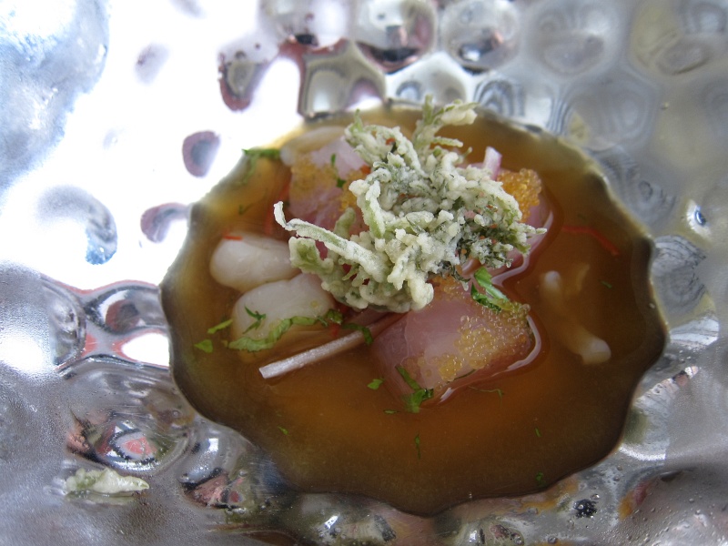 IMG_1646.JPG - Nikke Ceviche - cabrilla (sea bass), clam, camaron, tobiko, crispy yuyo, in dashi ceviche