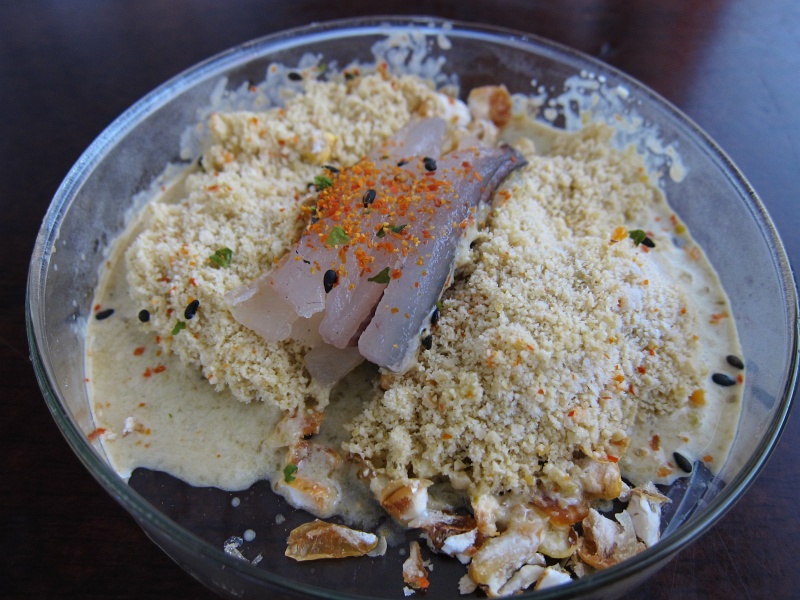 IMG_1654.JPG - Pejerrey Tiradito - silverside fish, liquid nitrogen ceviche sauce "sand" with nori, chalaca (salsa), shichimi, cancha (giant corn nuts)