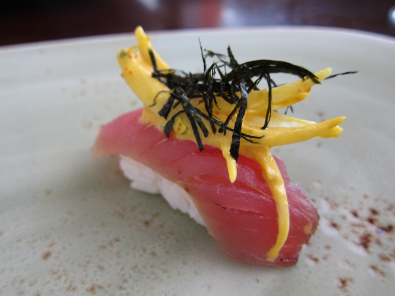 IMG_1655.JPG - Close-up: smoked mackerel with yellow chili, onions, and masago
