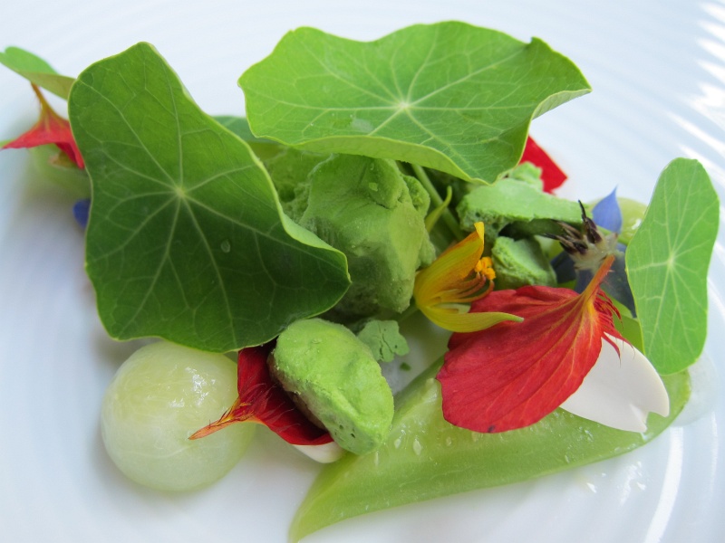 IMG_2450.JPG - Cucumbers with green almonds, nasturtium (leaves, petals, ice cream), borage (purple flower), aquavit gel