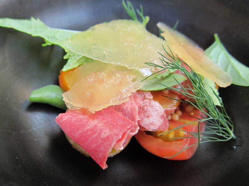 IMG_2452.JPG - Tomatoes, mustard seeds, cured beef tongue (pastrami style), herbs from the garden (dill, shiso, parslane, pancho)