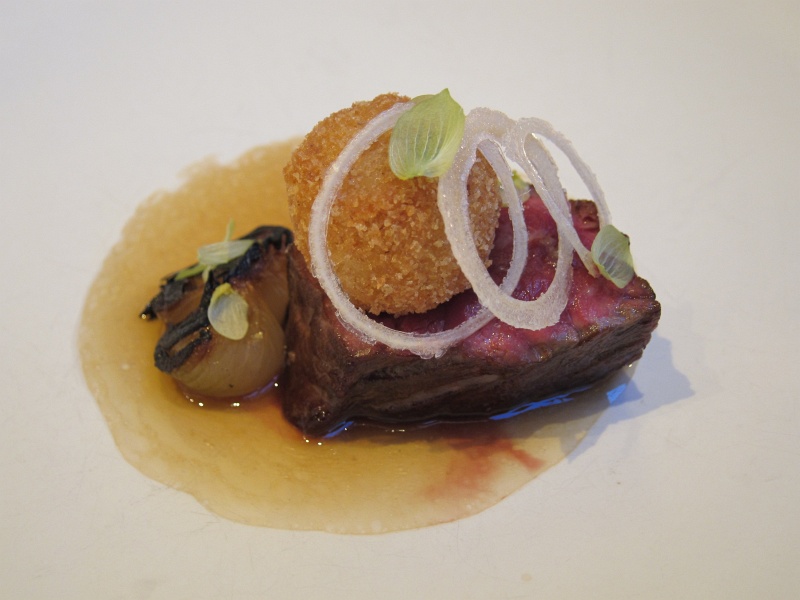 IMG_2467.JPG - Aged beef fed on beer with cipollini (grilled, candied rings), hops, and marrow croquette