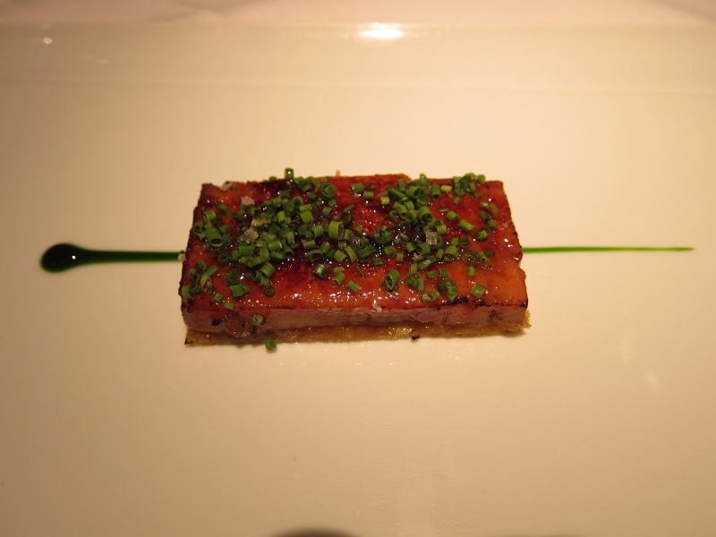 IMG_0152.JPG - Foie gras: caramelized foie gras terrine on a crisp coca crust with leeks glazed in Forum vinegar
