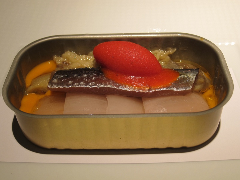 IMG_0156.JPG - Smoked sardine, roasted onions and eggplant,  romesco  sauce, and piquillo pepper sorbet