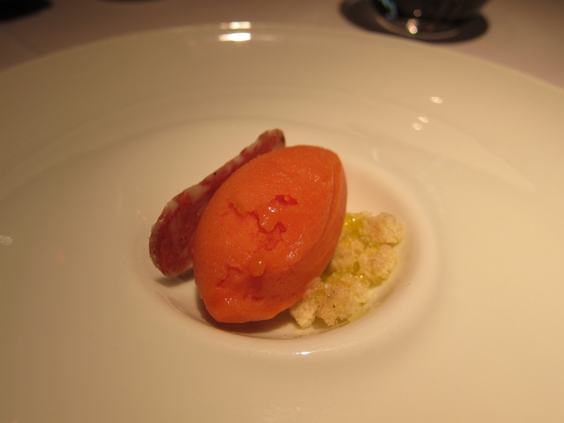 IMG_0170.JPG - Tomato sorbet, longanisa sausage, peasant bread toasted with olive oil