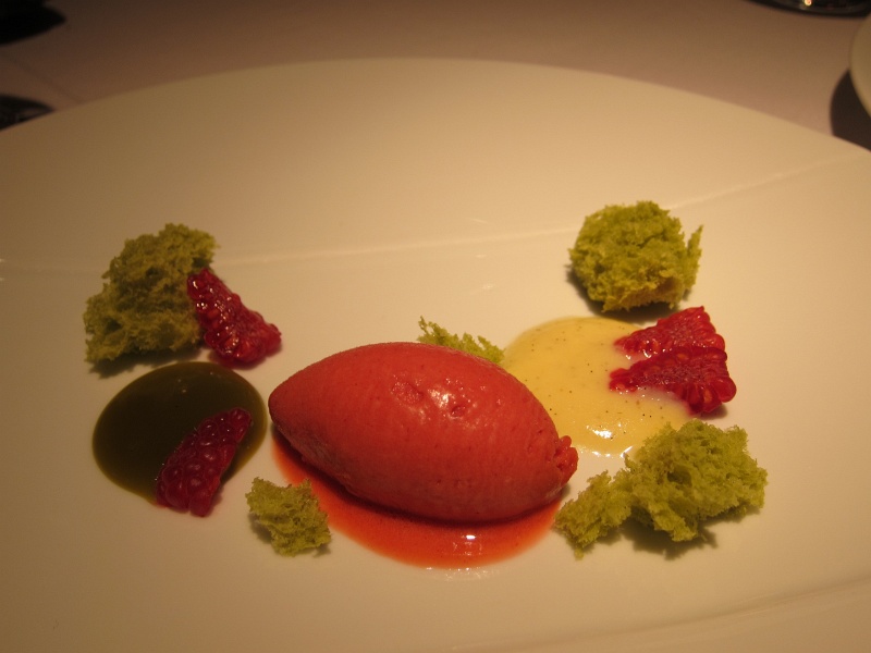 IMG_0173.JPG - Pistachio and raspberry, raspberry sorbet, vanilla bean cream, pistachio cake (recalls  this dish  at Cyrus)