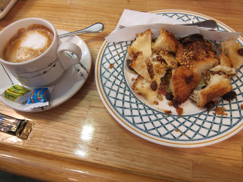 IMG_0212.JPG - Delicious caf con leche and raisin pastry at a tiny coffee shop in San Sebastin