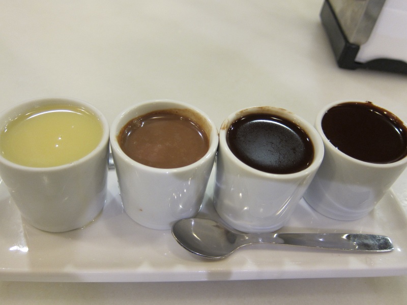 IMG_2681.JPG - Chocolate tasting! Nepal white (sweet), French (chilled), Spanish (spicy, thick), 52% cacao (intense).  Chocolatera Valor, Madrid.