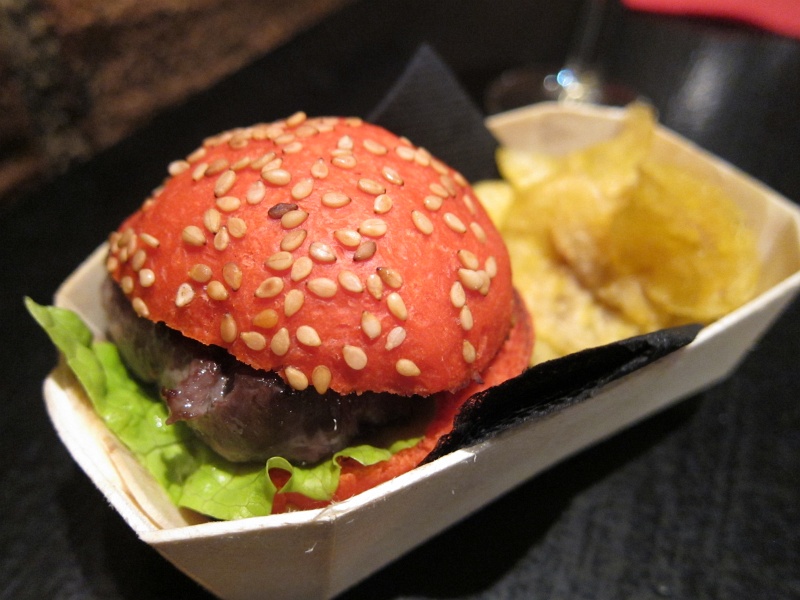 IMG_0230.JPG - Makcobe with Txips - kobe beef burger inside ketchup-infused bun with banana chips (A Fuego Negro)