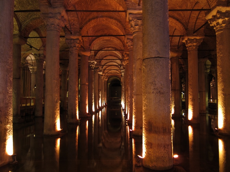 IMG_0868.JPG - Basilica Cistern, a large underground water reservoir built in the time of Byzantine Emperor Justinian.  Aqueducts carried fresh water from 12 miles away to this cistern, which spanned an area of two football fields and had a capacity for 27 million gallons of water.