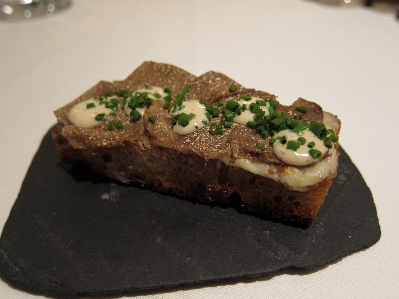 IMG_1411.JPG - Course 2b (part 2) - shaved black truffles, truffle mayonnaise, and chives on Saint Nectaire Taleggiocheese and toast