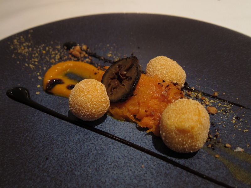 IMG_1421.JPG - Intermezzo - textures of pumpkin (croquette, pure, mash) with pickled walnut and chicory reduction