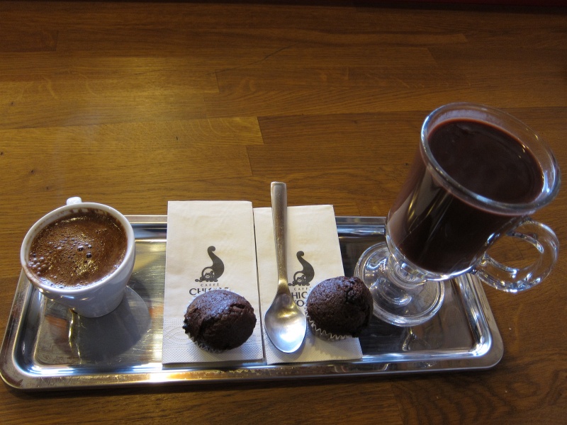 IMG_0822.JPG - Turkish coffee and hot chocolate at Ender Cikolata, near the Spice Market.  The grounds are not filtered out in Turkish coffee, giving it a chewy texture.
